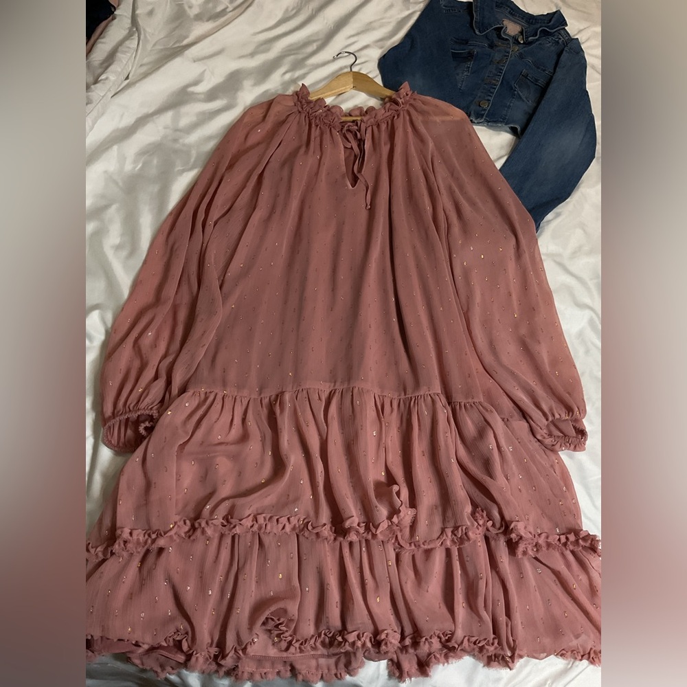 Kobi Halperin Dusty Rose Ruffle Tie-Neck Blouse with Gold Accents
